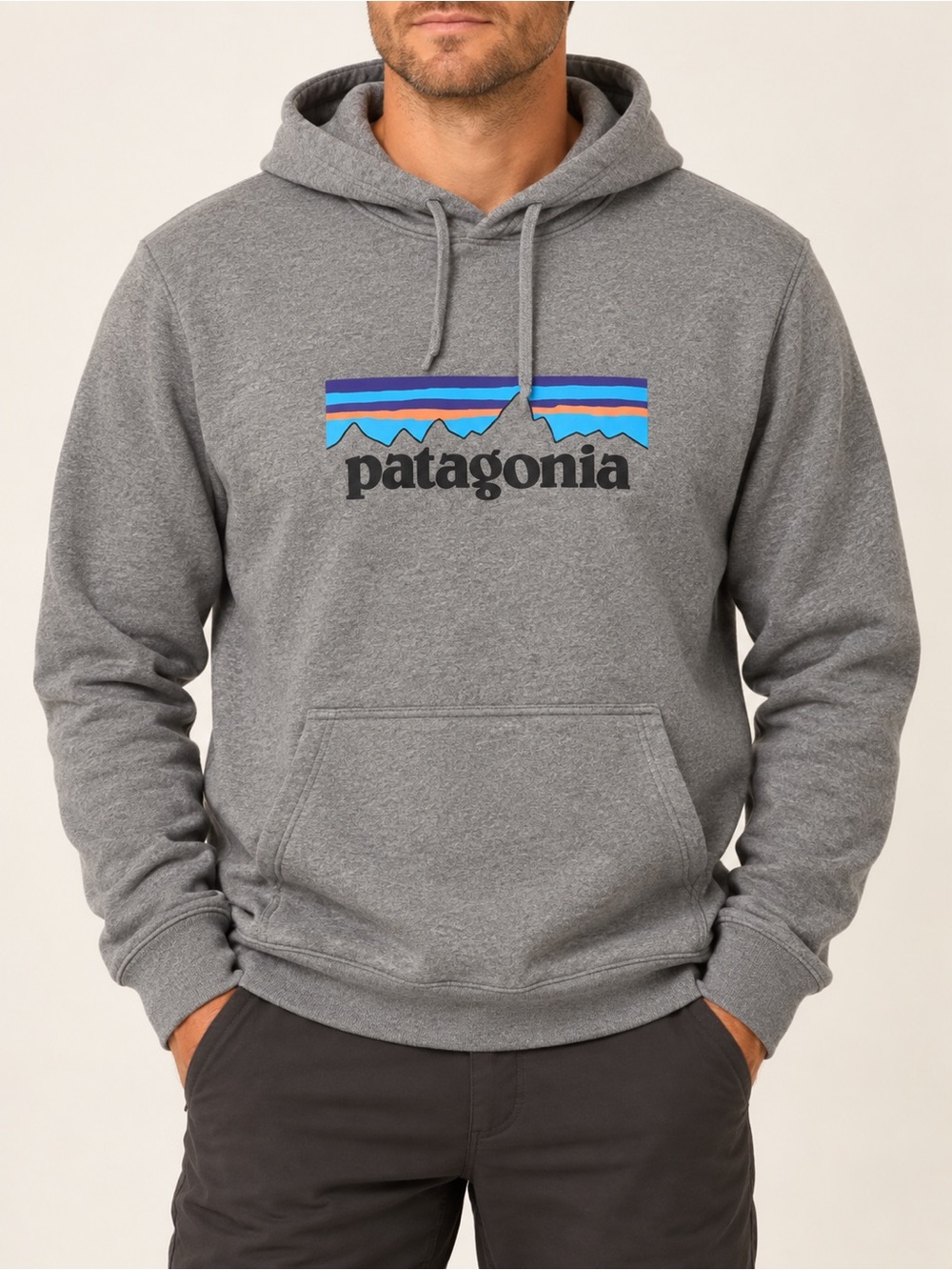 Patagonia Grey Pullover Hoodie with Blue Stripe Logo